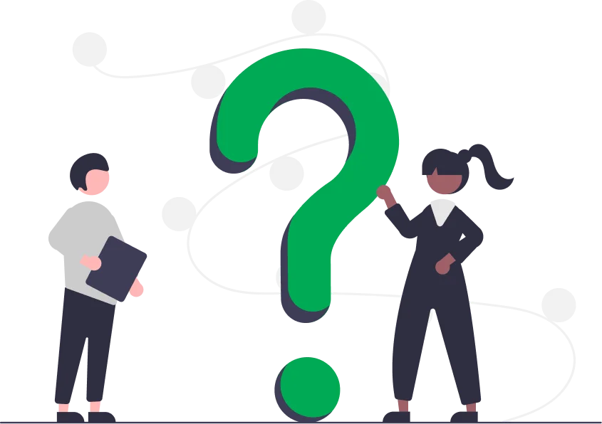 Two people standing beside a large question mark, illustrating frequently asked questions about Udyam registration